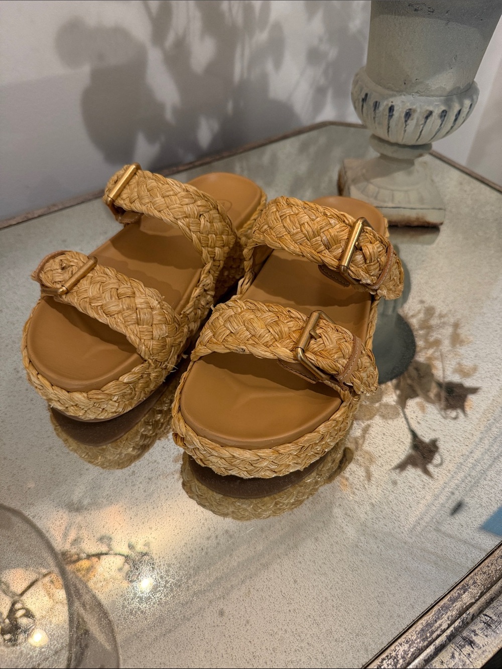 ASH Braided Straw Double-Buckle Slide Sandals - Tan